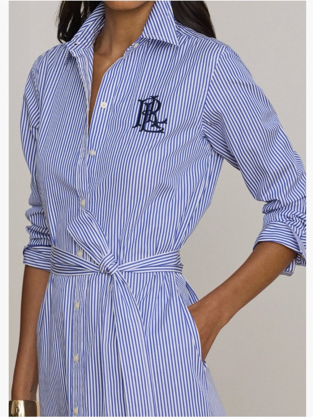 Lauren Ralph Lauren Blue & White Striped Button-Front Midi Shirt Dress - Picture 3 of 13